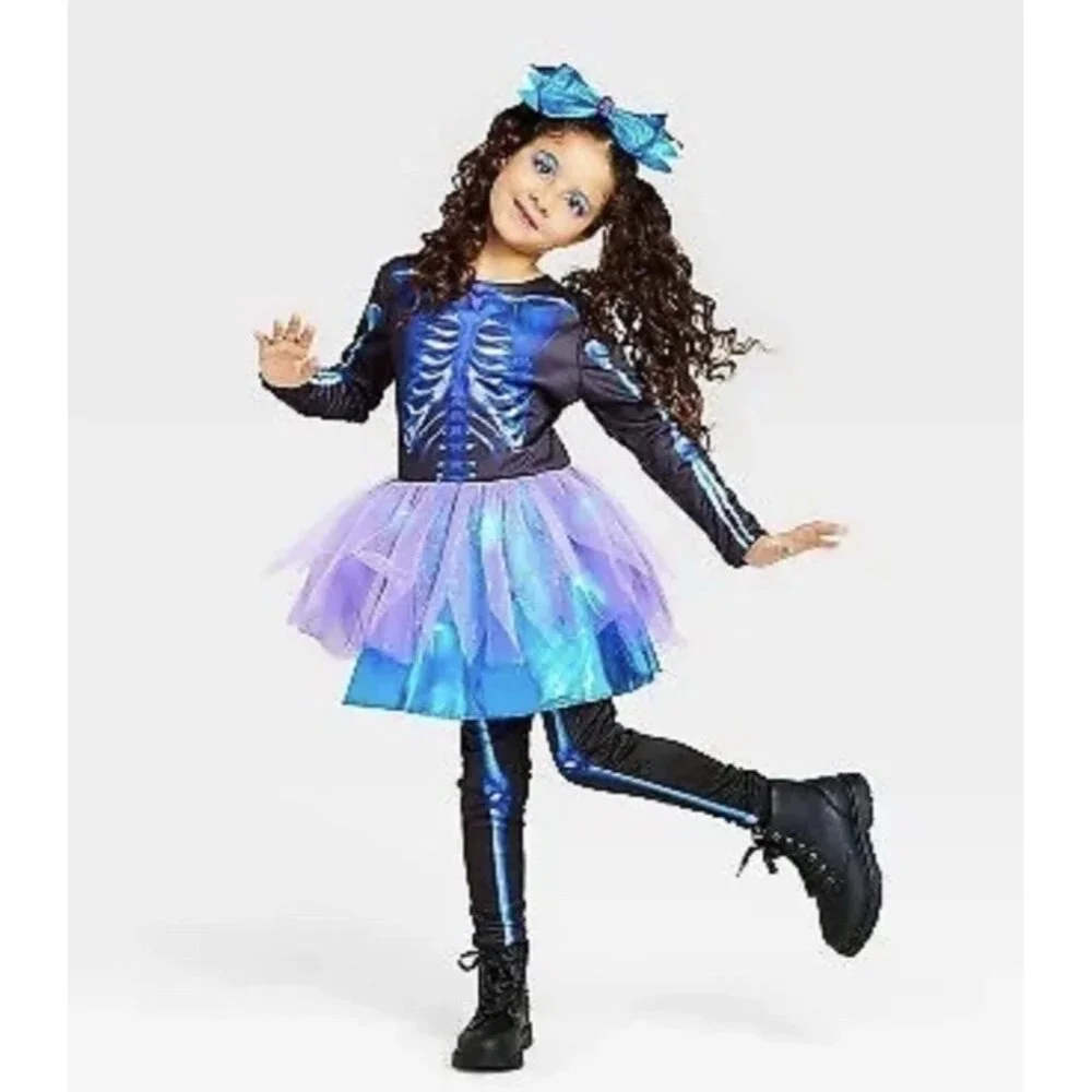Girls Light Up Skeleton Halloween‎ Costume Dress Up with Accessories Large